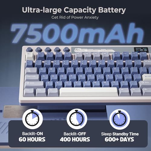RK ROYAL KLUDGE M87 Wireless Gaming Keyboard with Screen & Dual Knobs, Blue | Bluetooth/2.4G/Wired, Hot Swappable Cream Switches, 5-Layer Noise Dampening Gasket Structure,Compact 75% Size for PC/WIN/Mac - color: Blue