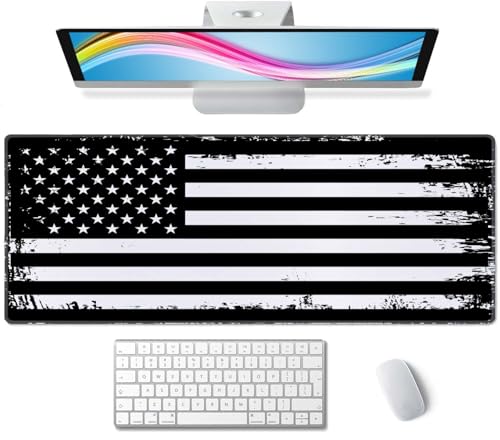 Large Gaming Mouse Pad with Stitched Edges, Grunge American Flag USA Flag Black and White Desk Mat, Extended Keyboard Pad, Non-Slip Rubber Base Desk Pad for Keyboard and Mouse, 31.5X11.8 inch - color: Grunge American Flag USA Flag Black and White