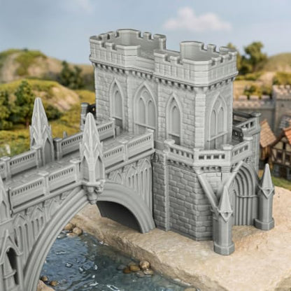 Fantasy Building Modular Castle Bridge Terrain 25mm for Tabletop Games | 1:64 Scale Large Modular Castle Bridge with Towers, Multi-Part Design, Easy Press-Fit Assembly for RPG Campaigns, Wargames