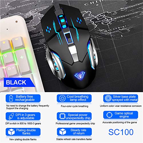 AULA SC100 Silent Wireless Gaming Mouse Rechargeable, with Side Buttons, LED Backlit, DPI Adjustable, 2.4G Wireless Optical Computer Mice Punk Cool Mouse for Games/Work (Black) - color: 2.4G (Black)