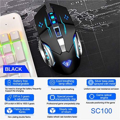 AULA SC100 Silent Wireless Gaming Mouse Rechargeable, with Side Buttons, LED Backlit, DPI Adjustable, 2.4G Wireless Optical Computer Mice Punk Cool Mouse for Games/Work (Black) - color: 2.4G (Black)
