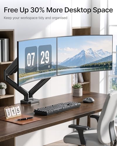 monTEK Dual Monitor Arm for 17-32" Flat/Curved Screen up to 19.8 lbs | Mechanical spring, full motion dual monitor mount, height adjustable, alloy steel, easy assembly, clamp/grommet, VESA 75/100 - size: Dual Arm