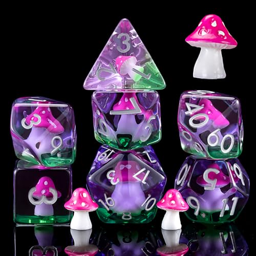 DND Mushroom Dice Set, Resin Polyhedral D&D D and D Dice Inclusion Dice for Dungeons and Dragons MTG RPG-for Ages 15 and Up - color: Mushroom-rose Red