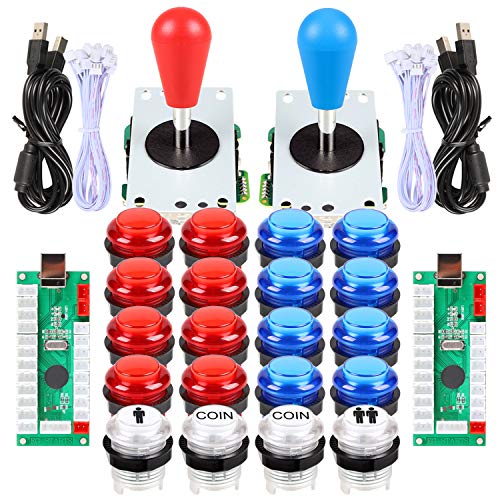 EG STARTS 2 Player Arcade Games DIY Kit Parts 2 Ellipse Oval Joystick Handles + 20 LED lit Arcade Buttons (Red & Blue Kit) | Included 2 Ellipse Oval Joystick Handle + 2x USB Encoder Controller + 20 LED Arcade Buttons For Video Games PC MAME Emulator