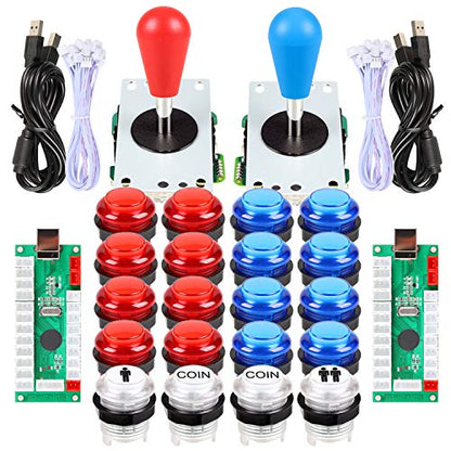 Fosiya LED Arcade Joystick Buttons Kit Ellipse Oval Style 8 Ways Joystick + 20 x LED Arcade Buttons for 2 Player Video Games Standard Controllers All Windows PC MAME Raspberry Pi Red + Blue Kits - color: Red + Blue Kits