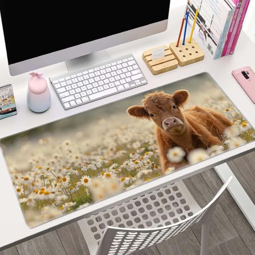 Gaming Mouse Pad Large,Cute Highland Cow on Daisy Mouse Pad Gaming Mouse Mat Desk Pad,31.5 x 11.8 Desk Mat Mouse Pads for Desk,Extended Keyboard Mousepad with Non-Slip Base and Stitched Edge - color: Cute Highland Cow on Daisy