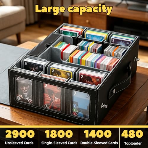 MTG Commander Deck Box with Handle, 6Removable Boxes,2-Row Case & Dice Tray | 9-in-1 Large Card Storage Box, Holds 1400+ Double-Sleeved Cards, Display Window,Mag Holders, Latch Closure,Fit TCG/EDH, Grey - color: Black