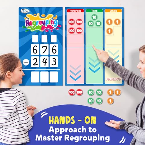 Aizweb Magnetic Regrouping Base Ten Place Value Chart,Addition and Subtraction Math Manipulatives,Dry Erase Board for 1st 2nd 3rd Grade Classroom Must Haves,Hands On Regrouping Math Games for Kids