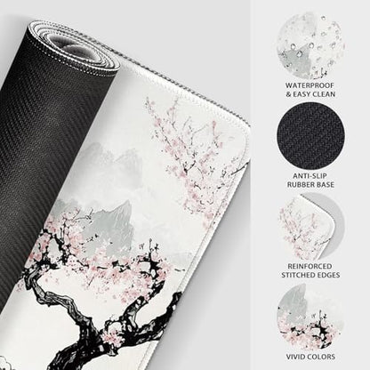 Japanese B&W Cherry Blossoms Gaming Mouse Pad Desk Mat 31.5"x15.7 | Extended Mousepad, Non-Slip Rubber Base , Stitched Edges, for Computer/Laptop/Office/Home - color: Black and White
