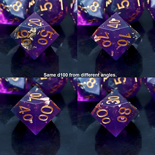 Haxtec Sharp Edge DND Dice Set, Gold Flakes Resin Polyhedral RPG Dice | Purple Galaxy Swirl D&D Dice, Compatible with Dungeons and Dragons, Handmade 7-Die with Metal Case, MTG Gifts, War Series - color: Purple Gold