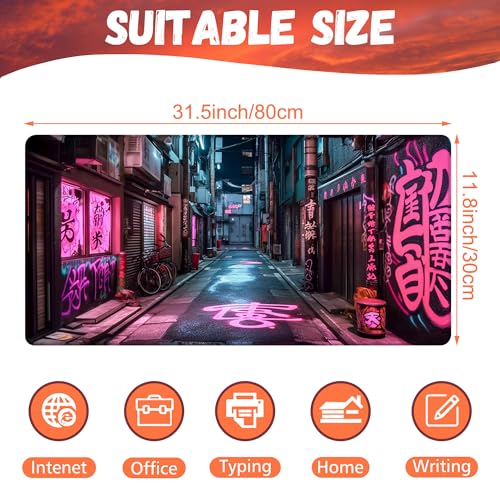 Desk Pad, Anime City Street Scene Desk Mat, Pink Neon Street Large Gaming Mouse Pad for Desk, 31.5"x15.7" Extended Big Computer Keyboard Mouse Pad with Non-Slip Base and Stitched Edge - color: Anime City Street Scene