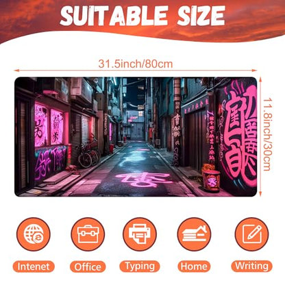Desk Pad, Anime City Street Scene Desk Mat, Pink Neon Street Large Gaming Mouse Pad for Desk, 31.5"x15.7" Extended Big Computer Keyboard Mouse Pad with Non-Slip Base and Stitched Edge - color: Anime City Street Scene