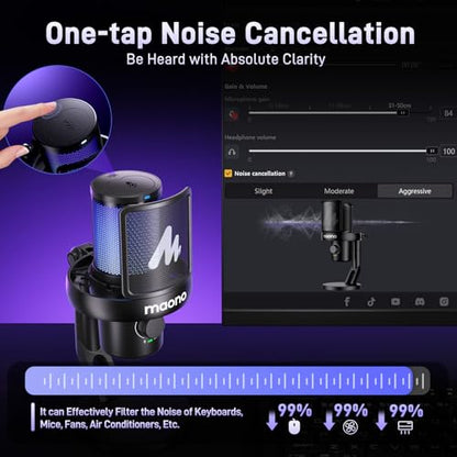 MAONO Wireless Microphone for PC,Gaming Streaming Condenser Mic with Software AI Voice Change,3-Level Noise Cancellation,Custom EQ,Gain Control USB Mic for Podcast Recording (DM40-Black) | Condenser Computer Mic with Noise Reduction/One-Click Mute/EQ/RGB/