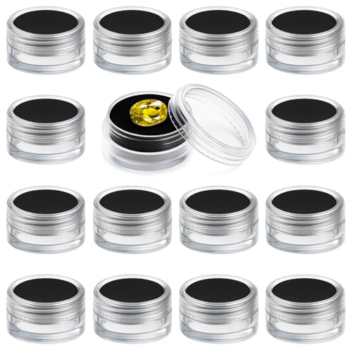 16Pcs Small Clear Bead Storage Organizer Containers with Black Sponge | Plastic Gemstone Display Box, Round Gemstone Holder Case with Screw Top Lids for, Gems, Beads, Small Items - color: Transparent Box, Black Sponge Pad