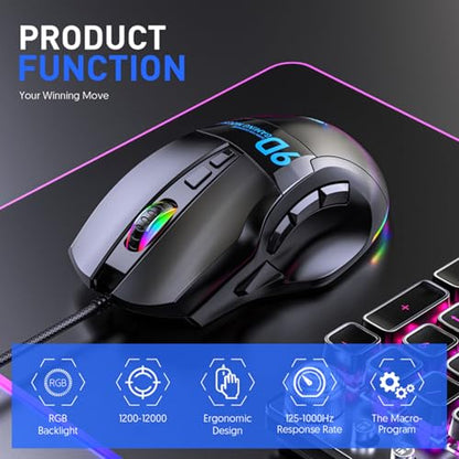 GOWENIC RGB Gaming Mouse, 9 Programmable Buttons 12000 DPI Ergonomic Design, with 7 Lighting Effects and 20 Onboard Macro Profiles, for PC Gaming
