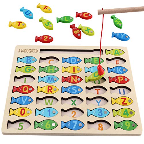 Magnetic Wooden Fishing Game Toy for Toddlers, Alphabet Fish Catching Counting Games Puzzle with Numbers and Letters, Preschool Learning ABC Math Educational Toys 3 4 5 Years Old Girl Boy Kids - color: Multicolor