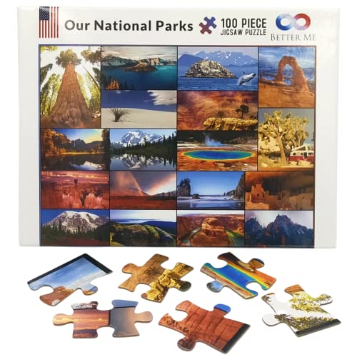 National Parks Puzzle 100 Piece for Kids - USA Jigsaw Puzzle | Featuring Acadia, Yellowstone, Zion & more, great national park gift for kids - style: Our National Parks 100pc