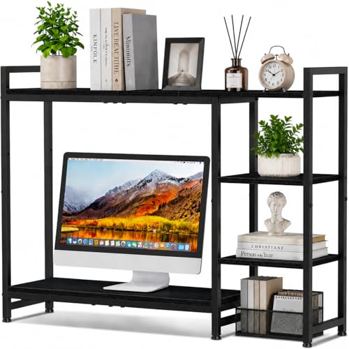 Snughome Adjustable Desk Shelf with Monitor Stand, 38.6" Desktop Organizer Hutch, Height Adjustable Computer Monitor Riser & 4 Tier Storage Bookshelf for Home Office Dorm, Black - color: Black