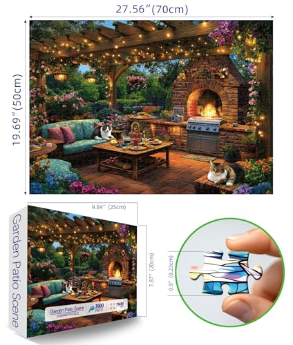 MINIWAN 1000 Piece Jigsaw Puzzle for Adults - Challenging Garden Patio Scene with Twinkling Lights, Vibrant Hydrangeas - 27.5"x19.7" Art Puzzle, Unique Gift for Game Nights - color: Garden Patio Scene