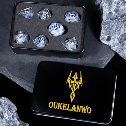 OUKELANWO Liquid Core Dragons Stickers DND Dice Set D&D, 7Pcs Dungeons D and D Role Playing Dice with Gift Box, Resin Sharp Edge Dice D20 D12 D10 D8 D6 D4, White - color: White