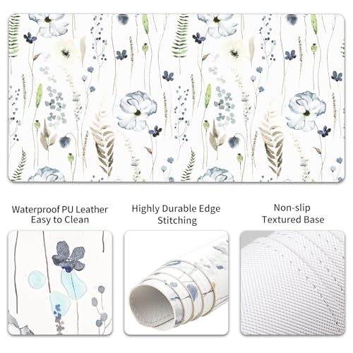 QIYI PU Leather Desk Mat Set, 4-in-1 Ergonomic Wrist Rest, Wildflowers | Waterproof Large Mouse Pad 31.5×15.7 + Keyboard Wrist Rest + Mouse Wrist Support+Coaster, Non-Slip Office Gaming Accessories - color: Watercolor Wildflowers