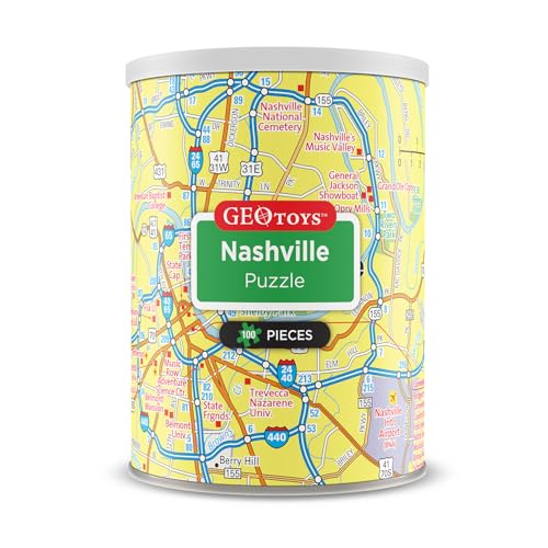 Geotoys Nashville Mini City Puzzle - 100 Piece Puzzles for Kids and Adults in Portable Can, 13" x 10" Educational Travel Puzzle for Ages 7 and Up - Mini Puzzles to Learn & Explore Geography - style: Nashville