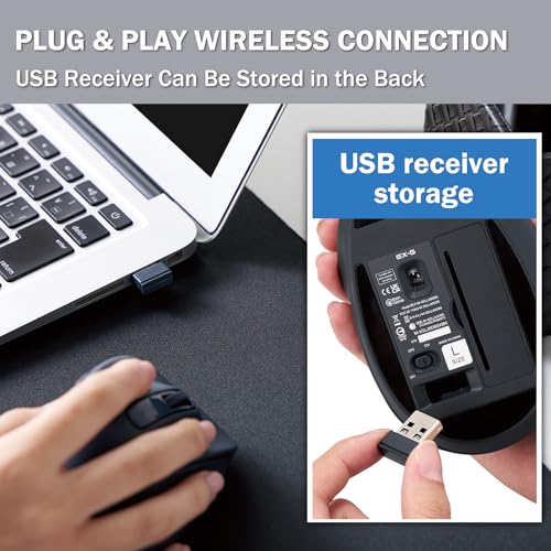 ELECOM Wireless Ergonomic Shape Mouse, 2.4GHz with Mini USB Receiver, Silent Click, Right Hand 2000DPI, 5 Buttons, Optocal Sensor, Compatible with PC, Mac, Laptop, EX-G, Lsize Black (M-XGL30DBSKBK) - size: Large