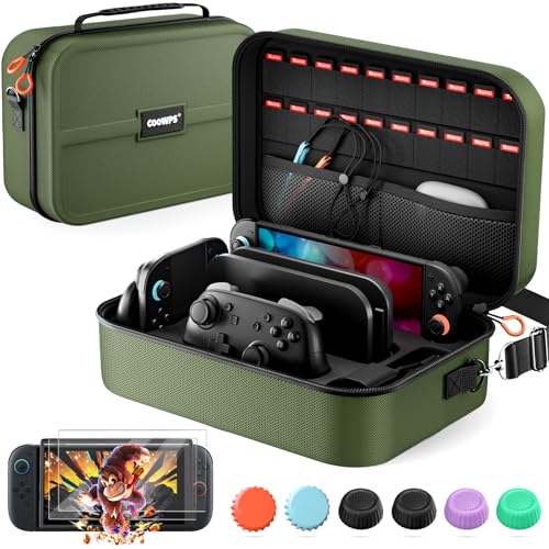 COOWPS Switch 2 Case Bundle for Nintendo Switch 2, with 2-Pack Screen Protector, 6Pcs Thumb Grips, 20 Game Card Slots, Portable Travel Full Protection All In One Storage Case for Switch 2 Accessories - color: Dark Green