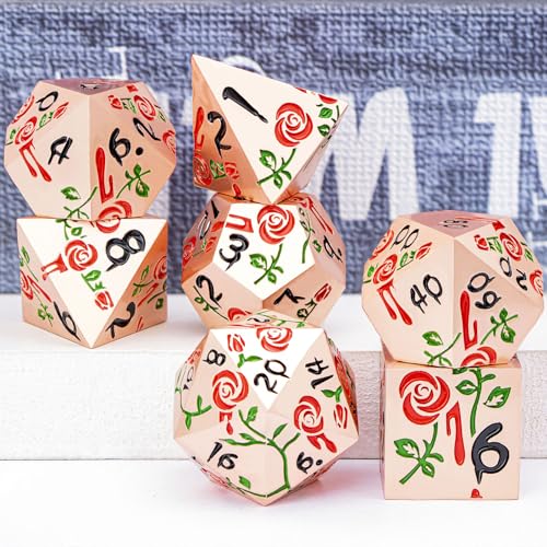 Gothic DND Dice Set Bleeding Rose Metal D and D Dice for use with Dungeons Dragons D&D Role Playing Game, Red Copper RPG Polyhedral Dice Set D20 D12 D10 D8 D6 D4 - color: Red&copper&black Numbers
