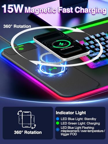 RGB Gaming Mouse Pad with 15W Magnetic Wireless Charging, 31.5'' x 11.8'' | Extra Large LED Mousepad, 24 Lighting Effects Desk Mat with Non-Slip Rubber Base, Waterproof Ultra-Smooth Surface - color: RGB-31.5"x11.8"