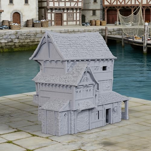 AUSPDICE DND Terrain 25mm 도색되지 않은 도크 빌딩, 석재 및 목공 풍경 | 1:64 스케일 멀티 레벨 하버 하우스, 던전 앤 드래곤 TTRPG 및 판타지 워게임용 디테일한 지붕 타일 포함 - AF1154E - color: Af1154e Dock Buildings E