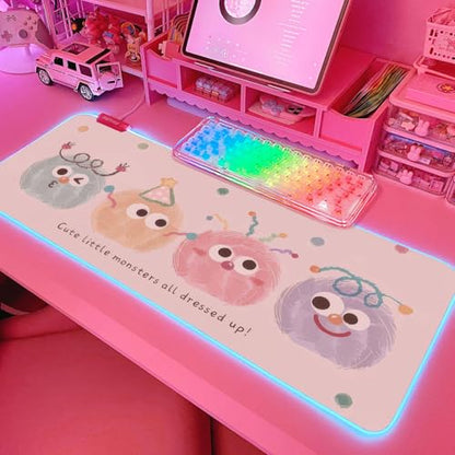 JMIYAV Pink RGB Gaming Mouse Pad 31.5x12 Inch Cute Mousepad PC XL Large Extended Glowing Led Light Up Desk Pad Non-Slip Rubber Base Computer Mat Desk Accessories Gaming Setup Party Puffs - color: Party Puffs
