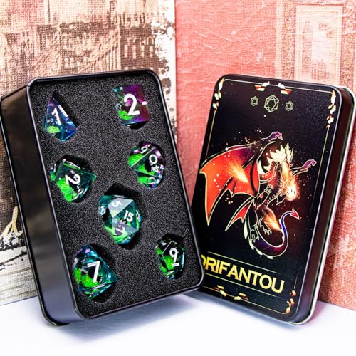 DND Cat Dice Set Green Sharp Edge Dice with Box, RPG D and D Dice Dungeons Dragons Role Playing Game Polyhedral Resin Dice Set D20 D12 D10 D8 D6 D4 - color: Green Purple