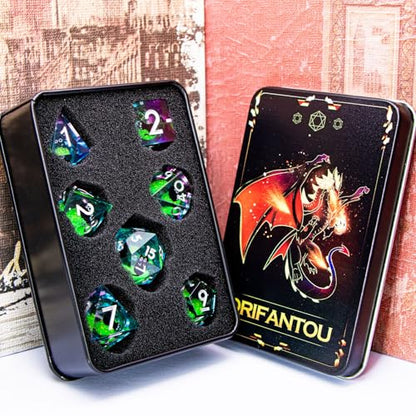 DND Cat Dice Set Green Sharp Edge Dice with Box, RPG D and D Dice Dungeons Dragons Role Playing Game Polyhedral Resin Dice Set D20 D12 D10 D8 D6 D4 - color: Green Purple