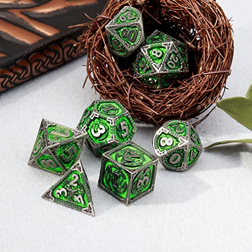 PJOY D&D Dice Set Metal DND Green Dice with Case Compatible with Dungeons and Dragons Ranger Gifts - color: Antique Silver Green