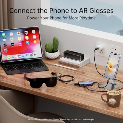 USB C to AR Glasses with Charging Adapter Enables Multi-Screen Enhanced 3D 4K@60Hz PD 100W Compatible for iPhone 15/16 Viture/Rokid/Xreal AR Glasses - color: Grey