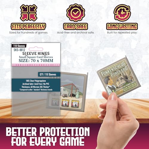 Sleeve Kings Standard Card Sleeves – 110 Count, Clear 60 Micron Thickness, Medium Square Size (70 x 70 mm), Compatible with Power Grid & More – SKU: SKS-8812 - size: 70 x 70 mm, style: Small Square