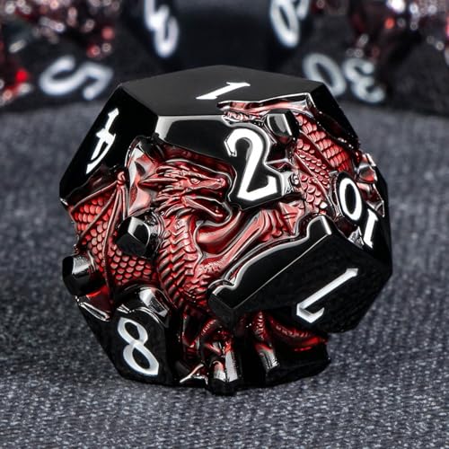 Roycevon Relief Dragon DND Dice Set for Role Playing Game, 7Pcs Metal D&D Dice Set Dungeons Dragons with Gift Box, Polyhedral D and D Dice D20 D12 D10 D8 D6 D4, Red and White - color: Red and White