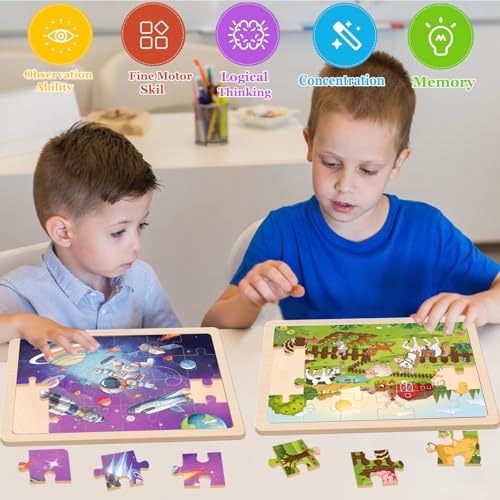 Puzzles for Kids Ages 4-6, 24 Pcs Wooden Farm, Animals, Space, and Emergency Vehicle Jigsaw Puzzles for Kids Ages 3-5, Preschool Educational Puzzles Boards Toys Gifts for 3 4 5 6 Boys Girls - color: Farm, Animals, Space, Emergency Vehicle