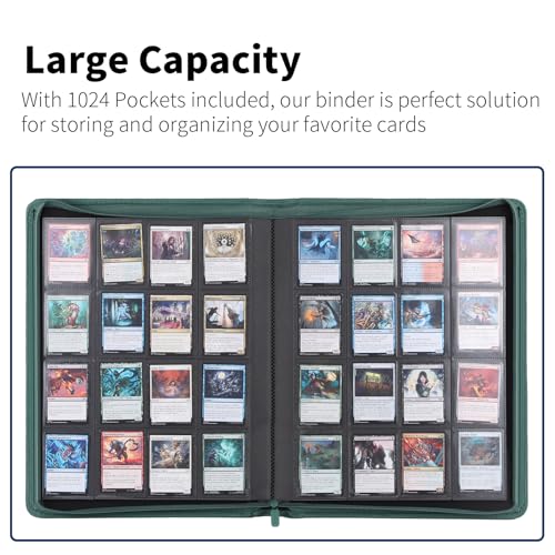 Snekdy premium 1024-pocket trading card binder, 16-pocket cards album, waterproof PU-leather Cover album with side loading, holds gaming, baseball, basketball & sports cards Green - color: Green