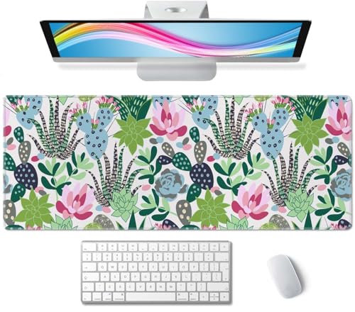 Extensive Gaming Mouse Mat - Succulents & Cacti Design, 31.5 x 11.8 - Non-Slip Base & Stitched Edge - color: Succulents and Cactuses
