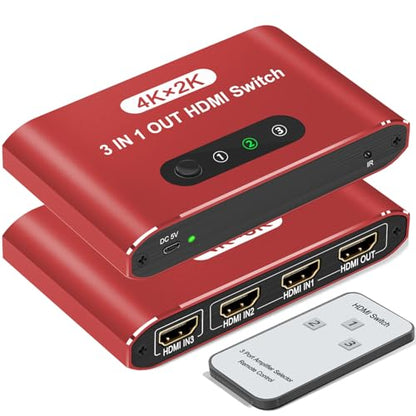HDMI Switch 3 in 1 Out, 4K@60Hz HDMI Selector with Remote Control, 3 Ports HDMI Switcher, Perfect for Full HD 4K 1080P 3D Video Roku Fire TV Blu-ray Players Stick Apple PS4/PS5 Xbox Chromecast (Red) - color: Red