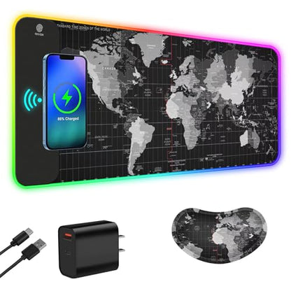 ToLuLu Wireless Charging RGB Gaming Mouse Pad, 15W Mouse Mat w/ 30W Charger | 14 Light Modes LED Large Mousepad with Wrist Support, Non-Slip Rubber Base Desk Mat Computer PC Keyboard Pad World Map - color: World Map