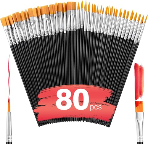 AROIC Small Paint Brushes Bulk,80 Pcs Black Nylon Hair Paint Brushes for Kids Flat Tip Round Acrylic Paint Brush Sets,Acrylic Paint Brush for Classroom Oil Watercolor Face Painting Touch Up - size: 80pcs(flat +fine) black