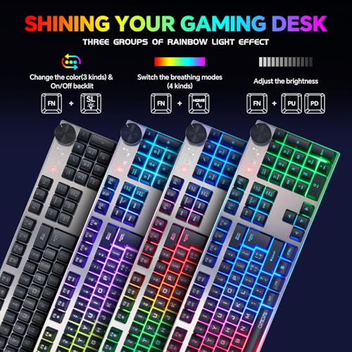 Wireless Gaming Keyboard with knob and Mouse Combo USB Dongle 2.4G Rechargeable 3000mAH Battery RGB Backlit Stainless Panel 4200DPI Side Button Mice for PC Laptop Compatible with Windows 8/9/10 MacOS
