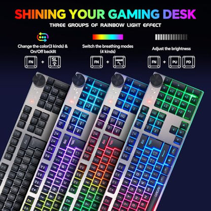 Wireless Gaming Keyboard with knob and Mouse Combo USB Dongle 2.4G Rechargeable 3000mAH Battery RGB Backlit Stainless Panel 4200DPI Side Button Mice for PC Laptop Compatible with Windows 8/9/10 MacOS