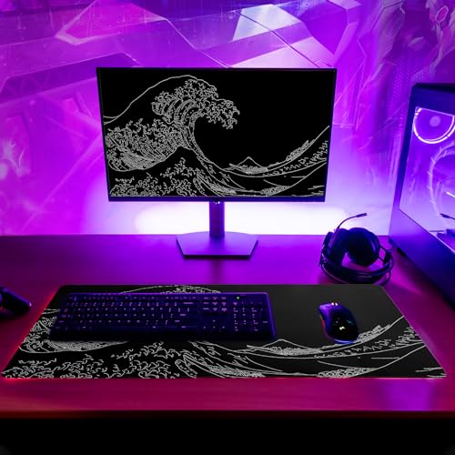Japanese Sea Wave Large Mouse Pad Abstract Black Mouse Pad 31.5x11.8 Inch Black Kanagawa Texture Non-Slip Rubber Base Large Ocean Mousepad Stitched Edge Keyboard Mouse Mat Desk Pad for Office and Home - color: Japanese Sea Wave1