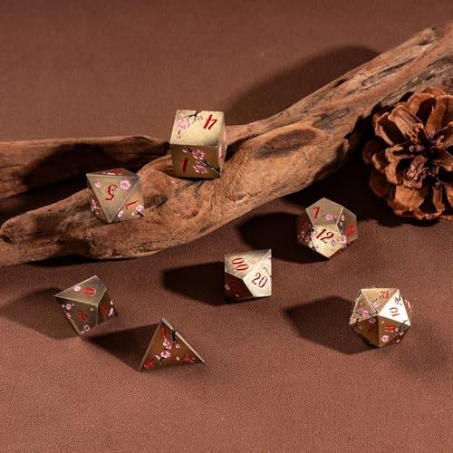 UDIXI Metal DND Dice Set Bronze, 7PCS Metal Polyhedral Dice Set for D&D RPG | Pink Flower, Metal Case Packaging, Heavy Metal Dice, D&D Gift, for Dungeons and Dragons Role Playing Games Tabletop Games - color: Flower/Bronzered