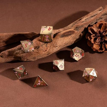 UDIXI Metal DND Dice Set Bronze, 7PCS Metal Polyhedral Dice Set for D&D RPG | Pink Flower, Metal Case Packaging, Heavy Metal Dice, D&D Gift, for Dungeons and Dragons Role Playing Games Tabletop Games - color: Flower/Bronzered