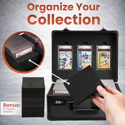 Graded Card Case – PSA Display Lid, 3 Row Card Storage Box with 6 Foam Inserts & Combination Lock – Fits PSA, SGC, GMA, HGA, CSG Slabs, Top Loaders & Loose Cards